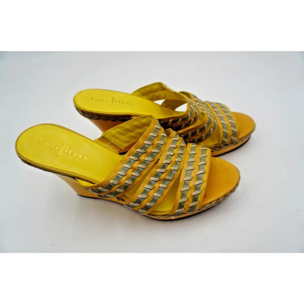Cole Haan Yellow Woven Leather Wedge Slide Sandals Comfort Open Toe Mules Sz 10B